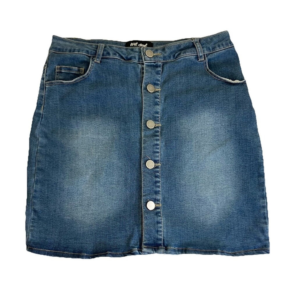 WET SEAL Denim Jean Full Front Button Stretch Mini Skirt Size Large